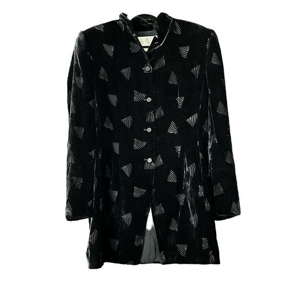 Vintage 90s Long Velvet Dana Buchman Jacket Black Silk Laser Triangle Print Sz 6 - Picture 1 of 10